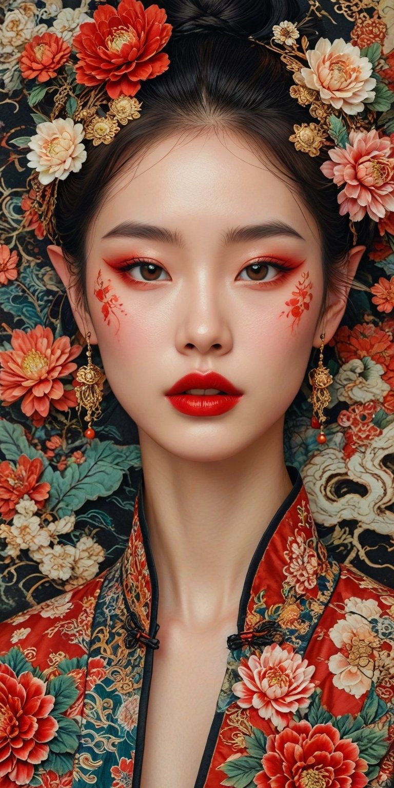 Stranger tales, chinese ink painting, abstract, gongbi, surrealism, flowers, 1girl, elf, red theme, makeup, red background