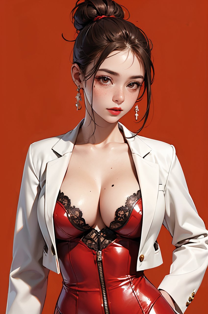 1girl, breasts, solo, freckles, looking_at_viewer, earrings, brown_eyes, large_breasts, black_hair, jewelry, mole, lips, upper_body, red_background, hair_bun, mole_on_breast, simple_background, hands_on_hips, single_hair_bun, shiny, orange_background, cleavage, breasts_apart, bodysuit, latex, closed_mouth, shiny_clothes, eyelashes, short_hair, RAW photo, (masterpiece:1.3), (high quality:1.4), (intricate, high detail:1.2), realistic,<lora:Asian GF Mix v2.7.b:1><lora:Asian GF Mix v2.7.b:1><lora:Asian GF Mix v2.7.b:1><lora:Asian GF Mix v2.7.b:1>