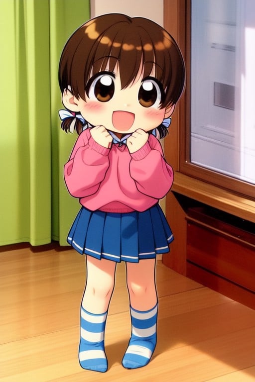 <lora:kasugamiyu:1>  kasugamiyu, 1girl, solo, skirt, brown eyes, socks, brown hair, short twintails, long sleeves, blush, smile, twintails, open mouth, chibi, sweater, short hair, full body, pleated skirt, happy, blue skirt, striped, laughing, standing, ^_^, :dchibi, child, in the room,, masterpiece, high quality, very_high_resolution, large_filesize, full color,