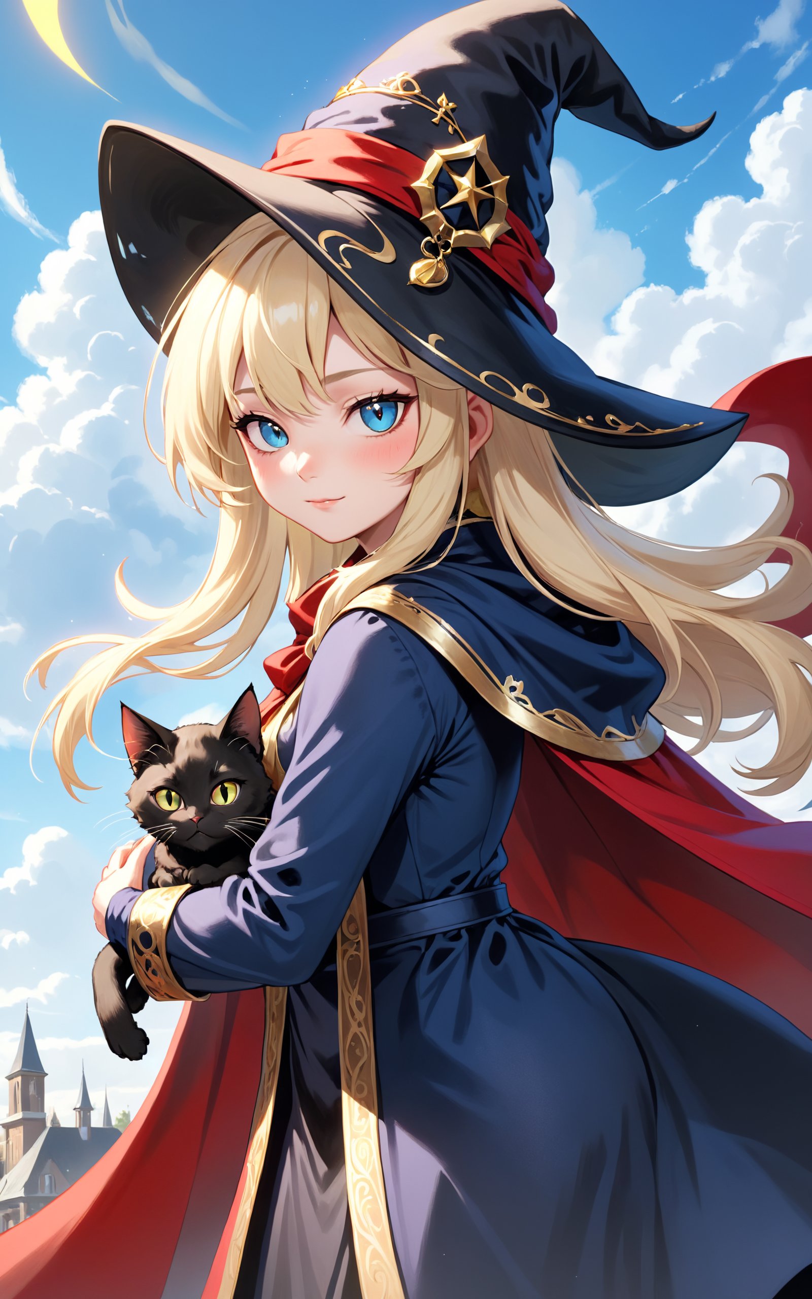 highres,best quality,AA blonde magician witch with a black cat. Her black robe and wizard hat have gold details. she is wearing a red luxurious cloak.BREAK ,black cat with red hoodie,The familiar black cat wears a red hoodie and has a pretend face.,, blue sky, cloud, looking at viewer, outdoors, sky