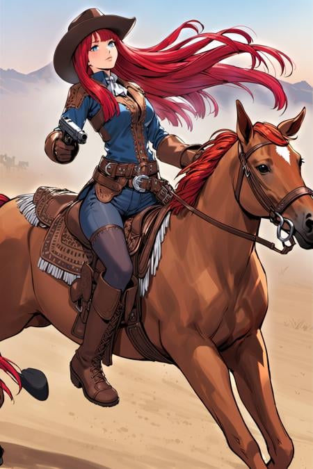 1girl, cowboy western, solo, hat, red hair, horse, gloves, gun, cowboy hat, weapon, long hair, boots, holster, belt, riding, thighhighs, handgun, blue eyes, freckles, horseback riding, fringe trim,  <lora:Yasuda akira_XL:0.8>