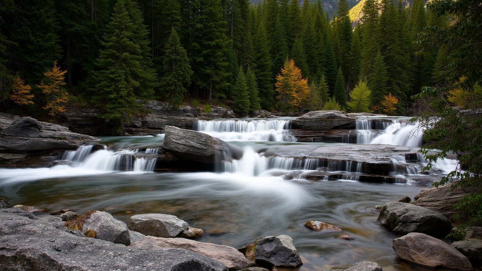 This is a high-resolution photograph capturing a serene, natural landscape. The focal point is a cascading waterfall set against a backdrop of dense, evergreen trees. The waterfall is situated in the mid-ground, with water flowing smoothly over a series of rocky ledges, creating a misty effect. The water appears to be in motion, captured with a long exposure, giving a silky texture to the flowing water. In the foreground, large, smooth gray rocks are scattered, some partially submerged in the water, adding to the rugged, natural beauty of the scene. The rocks are various sizes, from small pebbles to large boulders, contributing to the rough texture of the landscape. The background is dominated by tall, dark green trees, indicating a forest environment. The trees are densely packed, creating a lush, green canopy that partially obscures the sky, which is not visible. The photograph has a natural, earthy color palette dominated by greens, browns, and grays, with the occasional splash of yellow from the autumn foliage in the background. The overall mood is tranquil and untouched, evoking a sense of peace and connection with nature.<lora:flux_realism_lora:0.8>  <lora:us_national_parks_lora_flux_v1:1>