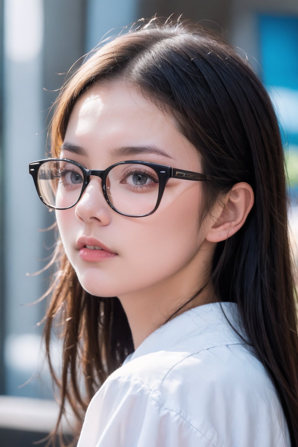 1girl, solo, white shirt, portrait, glasses, (from side)