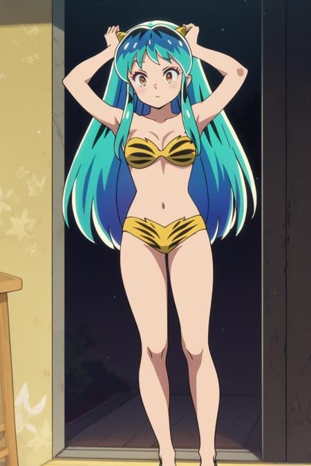 masterpiece, 8k,<lora:Urusei Yatsura lum:0.7> lum, oni horns, Standing on tiptoes with arms raised above the head, Private Yacht