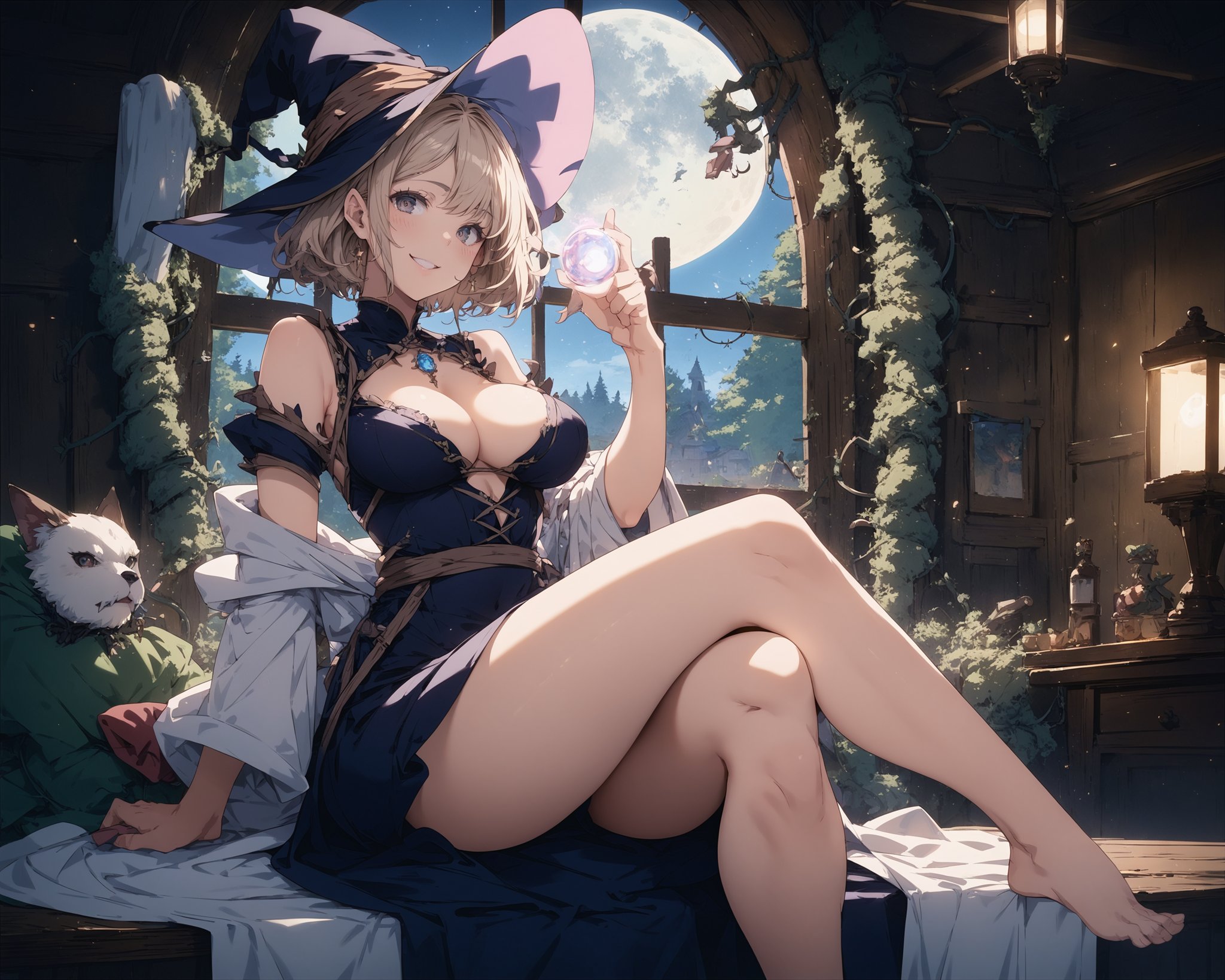 score_9,score_8_up,score_7_up,source_anime,masterpiece,best_quality,highres,absurdres,BREAKwitch,cleavage,seductive_smile,crossed_legs,glowing_orb,winding_thorns,indoors,treehouse,moon_night,