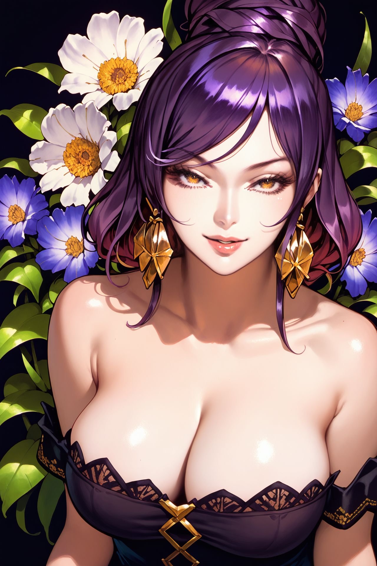 score_9, score_8_up, score_7_up, 1girl, looking at viewer, seductive_smile, purple hair, swept_bangs, golden eyes, large breasts, Aster \(flower\), beige_background <lora:Kojima_Ayami_PonyXL_style_v01:1>