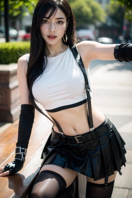 Tifa,(clothes lift:1.4),1gil,solo,gloves,elbow gloves,fingerless gloves,breasts,suspenders,thighhighs,crop top,tank top,skirt,black thighhighs,suspender skirt,black skirt,earrings,jewelry,midriff,looking at viewer,elbow pads,white tank top,black gloves,realistic,boots,shirt,underwear,panties,low-tied long hair,sports bra,miniskirt,arm guards,belt,underboob,white panties,red footwear,black panties,pleated skirt,collarbone,bottomless,fighting stance,sleeveless,shorts,pencil skirt,sexy pose,best quality,masterpiece,illustration,an extremely delicate and beautiful,CG,unity,8k wallpaper,Amazing,finely detail,masterpiece,official art,extremely detailed CG unity 8k wallpaper,incredibly absurdres,huge filesize,ultra-detailed,highres,extremely detailed,beautiful detailed girl,realistic,full frontal,outdoors,light contrast,<lora:Tifa_20231211152932:0.8>,