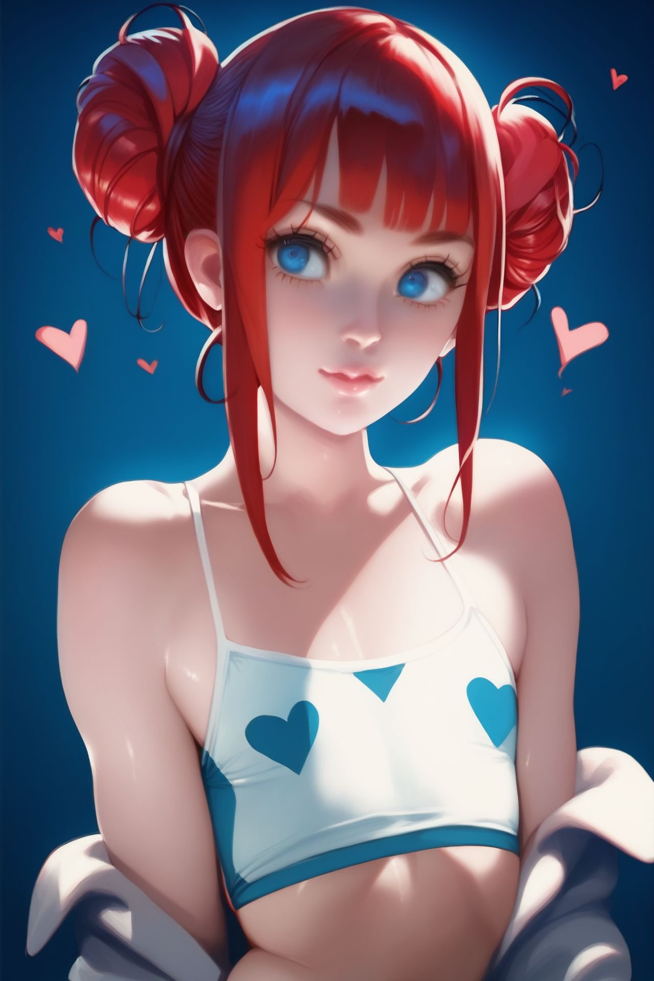 score_9, score_8_up, score_7_up, 1girl, :D, red hair, bangs, heart_hair_bun, blue eyes, flat chest, covered nipples, hotel_room, <lora:Sakimichan_PonyXL_style_v01.10.02.05:1>