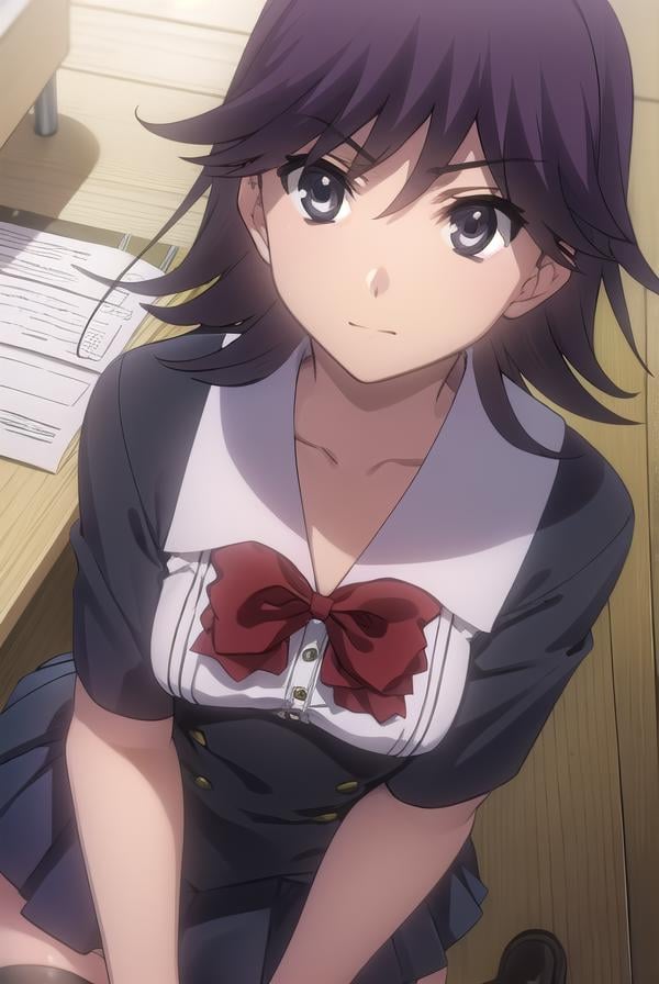 natsumikoizumi, <lora:natsumi koizumi s1-lora-nochekaiser:1>,natsumi koizumi, short hair, purple hair, (black eyes:1.5),BREAK skirt, thighhighs, school uniform, shoes, black thighhighs, zettai ryouiki, bow, red bow,BREAK indoors, classroom,BREAK looking at viewer, (cowboy shot:1.5),BREAK <lyco:GoodHands-beta2:1>, (masterpiece:1.2), best quality, high resolution, unity 8k wallpaper, (illustration:0.8), (beautiful detailed eyes:1.6), extremely detailed face, perfect lighting, extremely detailed CG, (perfect hands, perfect anatomy),