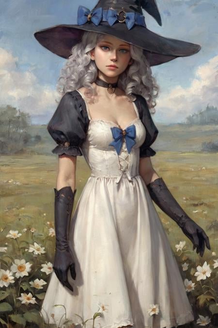 score_9, score_8_up, score_7_up, painting (medium), traditional media, realistic, 1girl, witch hat, hat, solo, long hair, flower, dress, choker, puffy sleeves, looking at viewer, grass, white dress, bow, hat bow, white hair, black choker, plant, outdoors, blue eyes, purple eyes, black headwear, bangs, long sleeves, gloves, witch, blue bow, wavy hair, short sleeves, puffy short sleeves, elbow gloves, black gloves, standing, field, grey hair, sky, purple bow, breasts, curly hair, parted lips, expressionless, cowboy shot, closed mouth, leaf <lora:Oil Gothic Painting Style SDXL_LoRA_Pony Diffusion V6:1>