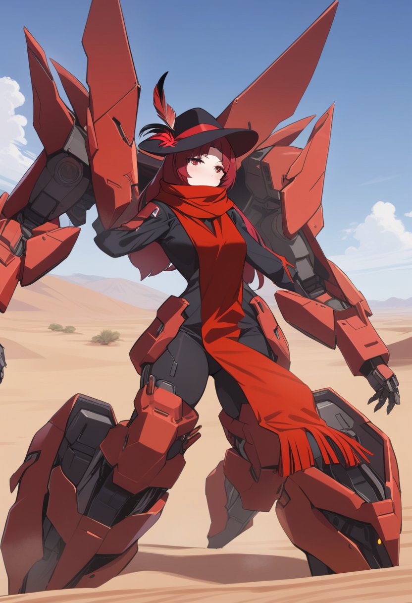 masterpiece, best quality, <lora:JXXLV1-000066:1.0> 1girl, red hair, hat, hat feather, red scarf,robot, mecha, science fiction, sky, desert, outdoors, solo