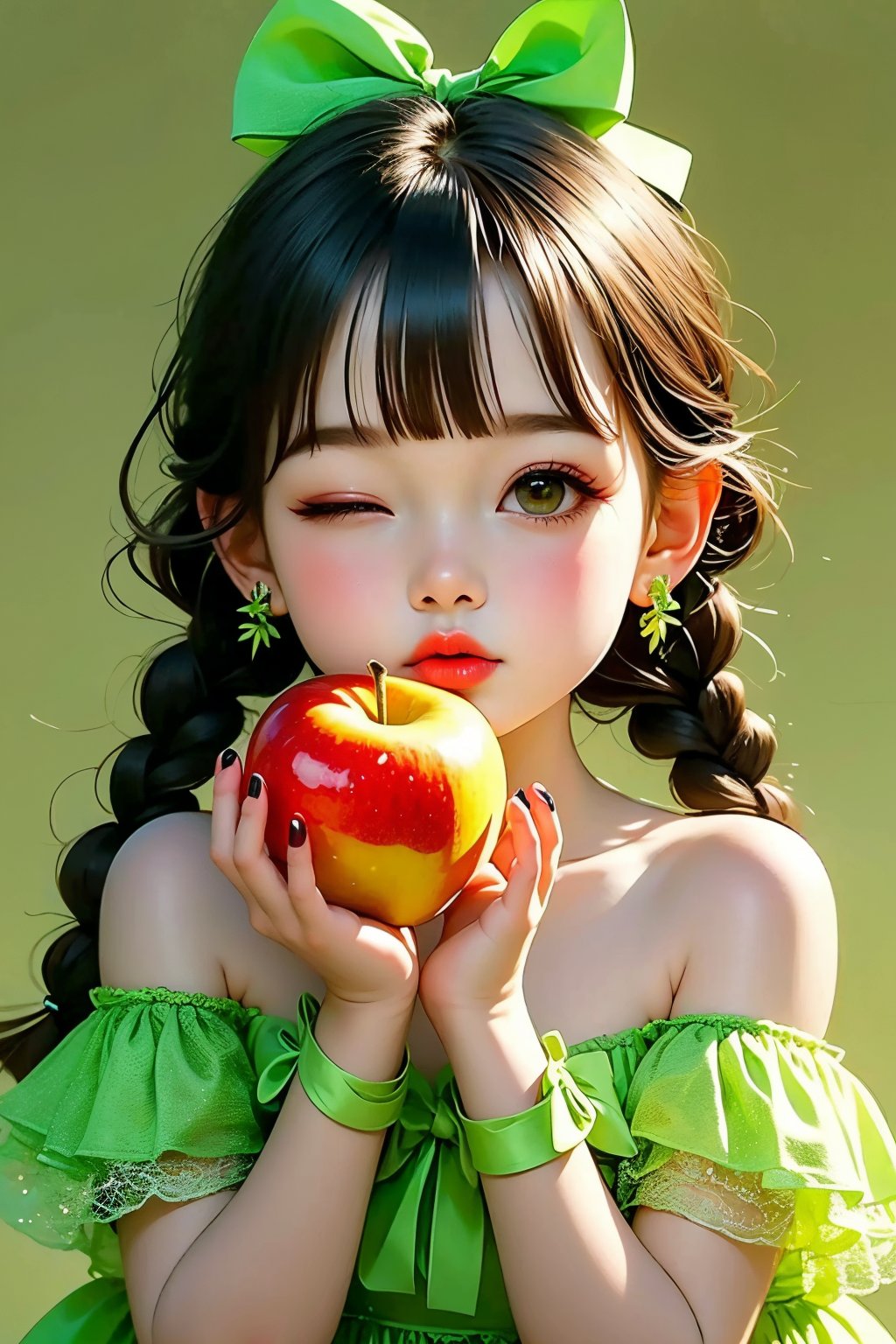 <lora:cka01:0.8>,cka01, 1girl, food, fruit, holding food, solo, jewelry, earrings, holding fruit, holding, braid, twin braids, bangs, one eye closed, long hair, dress, looking at viewer, green dress, bare shoulders, ribbon, bow, upper body, hands up, twintails, black hair, green ribbon, hair bow, lips, off shoulder, off-shoulder dress, fingernails, hair ribbon, blunt bangs, apple, eyelashes, brown eyes, green bow, brown hair, closed mouth, green eyes, nail polish, makeup, blurry, green background, simple background, wrist ribbon, best quality, ultra-detailed, masterpiece, finely detail, highres, 8k wallpaper