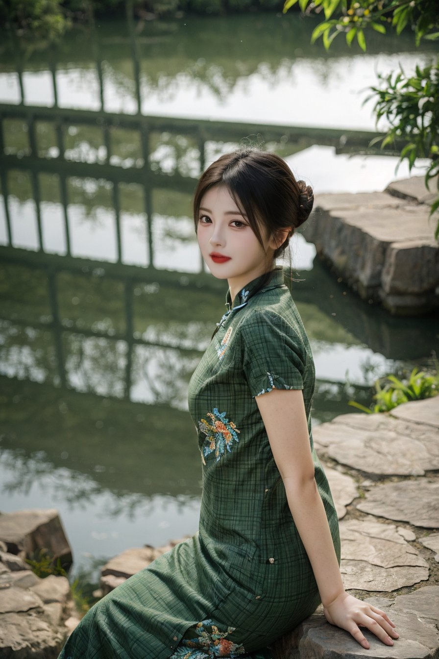 <lora:yuanlin_muggle:0.6>,yuanlin muggle,upper body,looking at viewer,smile,yuanlin muggle,1girl,black hair,sitting,holding,hair bun,chinese clothes,single hair bun,realistic,blurry,dress,lips,short sleeves,rock,blurry background,outdoors,