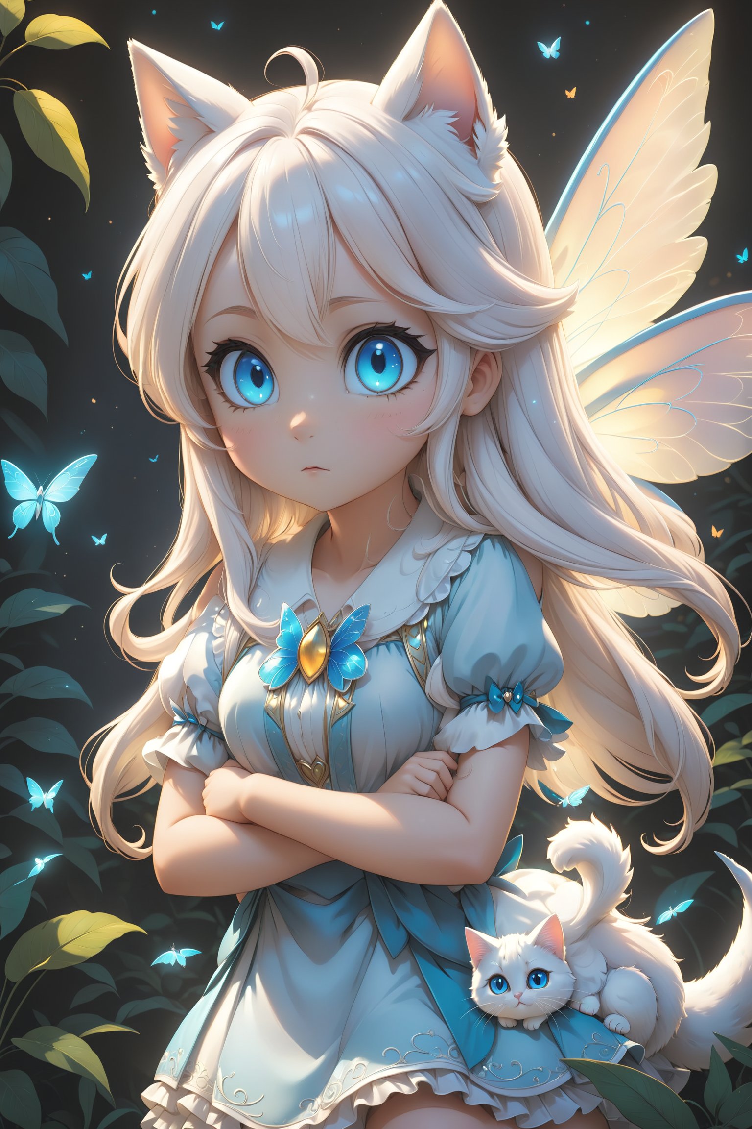 a young white girl in a fairy outfit with white cat ears and wings, 1girl, solo, long hair, blue eyes, wings, looking at viewer, animal ears, upper body, hair ornament, white hair, closed mouth, looking at viewer, (masterpiece, best quality, ultra-detailed, best shadow), detailed background, (beautiful detailed face), high contrast, (best illumination, an extremely delicate and beautiful), ((cinematic light)), hyper detail, dramatic light, intricate details, 8k, anime, very aesthetic,