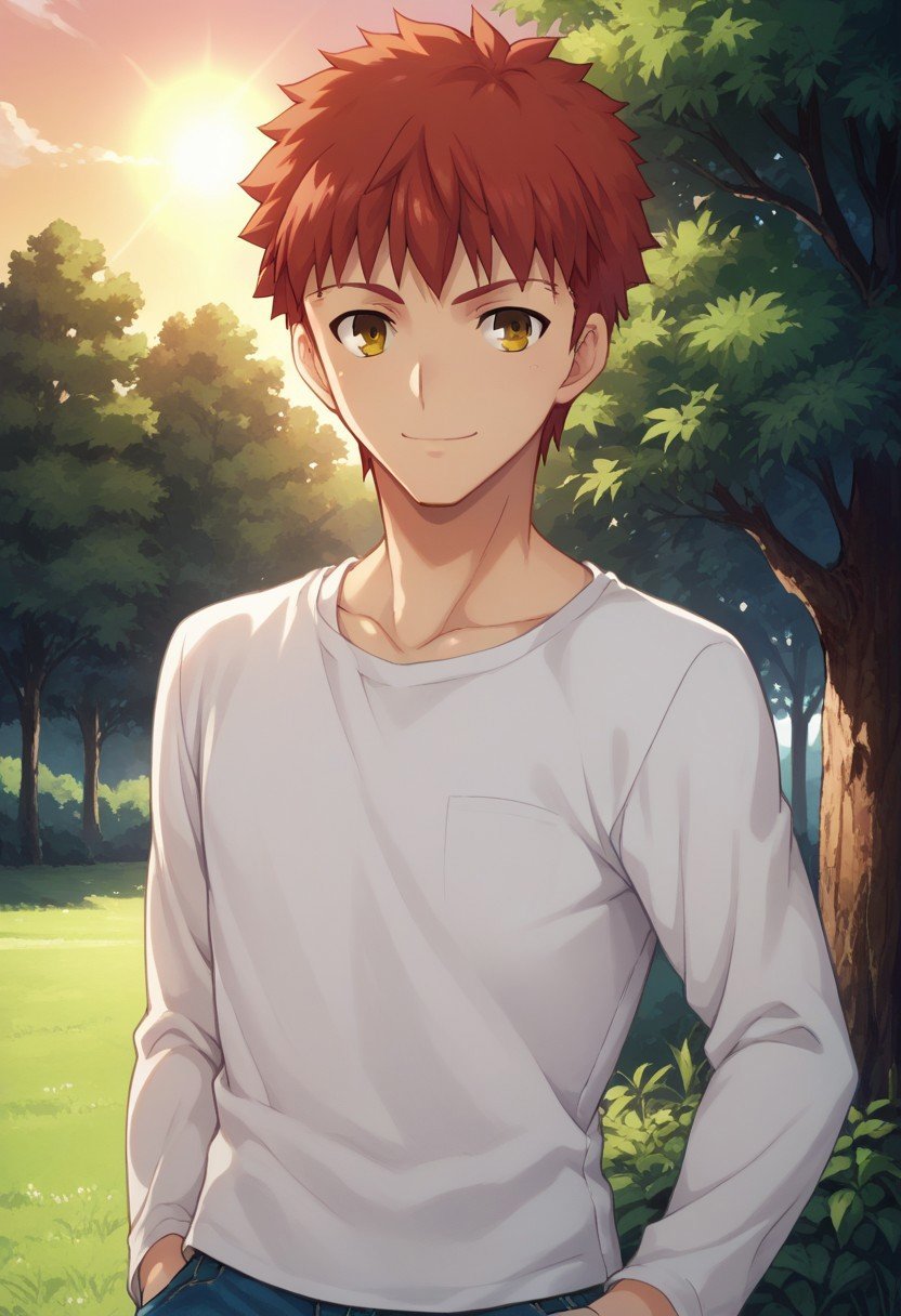 score_9, score_8_up, score_7_up, source_anime, highly detailed, shirouemiya, 1boy, male focus, solo, upper body, yellow eyes, pants, red hair, denim, smile,jeans, shirt, hand in pocket,outdoor, trees, sun,