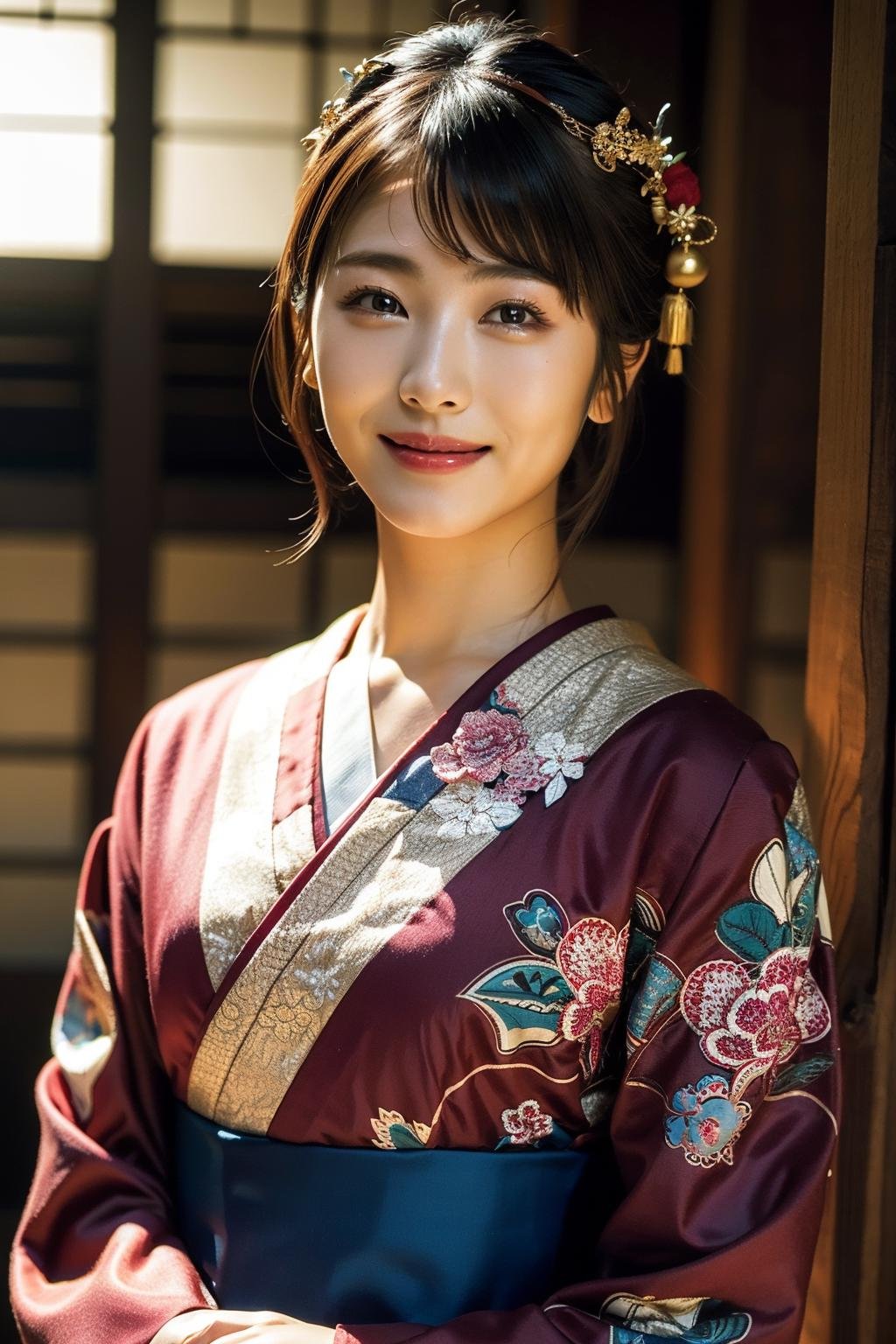 (realistic), (hyperrealism),best quality, masterpiece,ultra high res, (photorealistic:1.4),1girl, japanese temple, japanese kimono, hair ornament, (grin:0.8),upper body,<lora:makina69_hamabeminami_v2.0:1> 