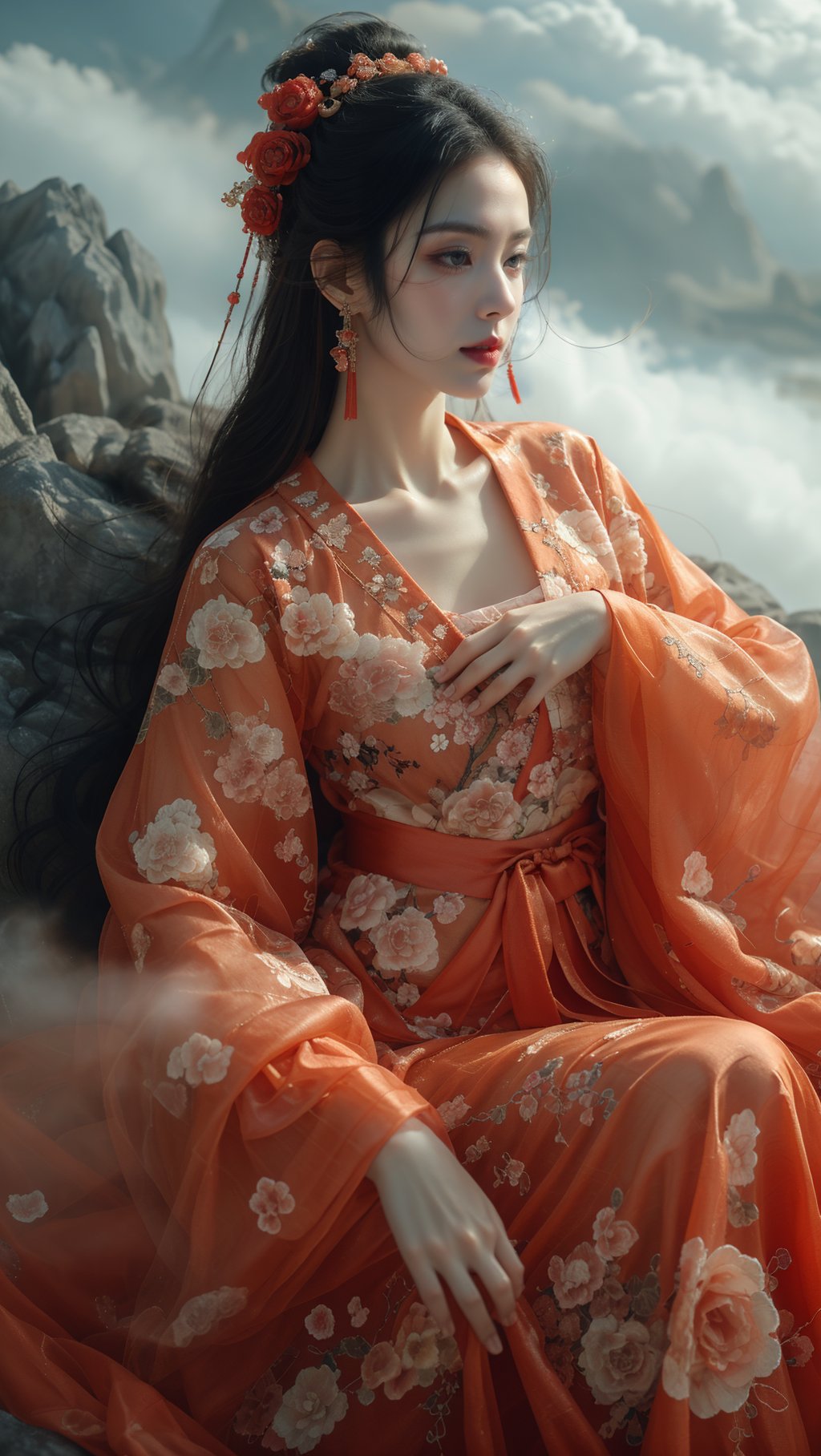 sdmai, wonv, 1girl, solo, hair ornament, long hair, chinese clothes, black hair, jewelry, hair stick, red lips, earrings, cloud, hanfu, dress, flower <lora:SDMAI卧女wonv:0.6>