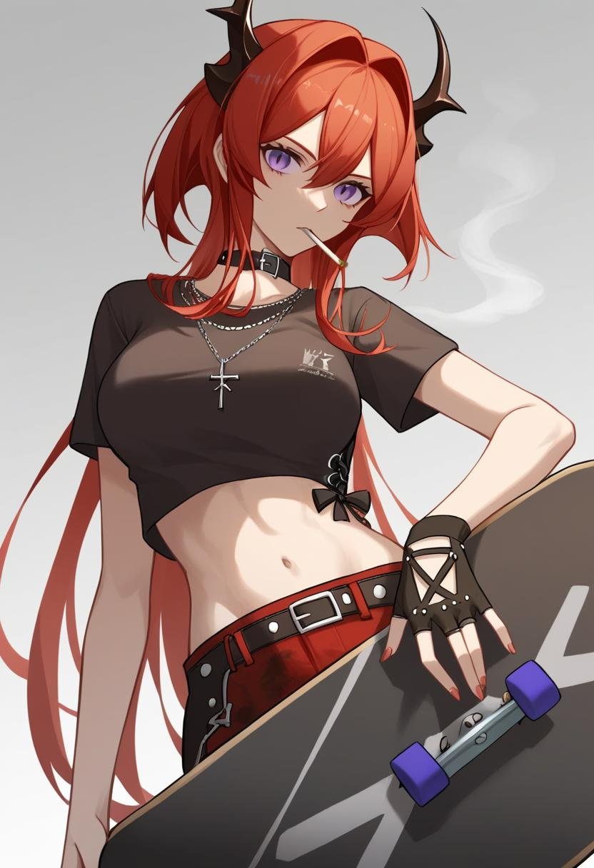 score_9,score_8_up,score_7_up,<lora:earknights_all:1>,1girl, surtr_\(arknights\), solo, upper_body, arm_up, horns, long_hair, red_hair, large_breasts, official_alternate_costume, absurdres, highres, black_choker, black_gloves, black_shirt, cigarette, commentary, crop_top, cross_necklace, gradient_background, grey_background, hair_between_eyes, looking_at_viewer, midriff, mini_crown, mouth_hold, purple_eyes, revision, short_sleeves, skateboard, surtr_\(liberte_echec\)_\(arknights\), white_background