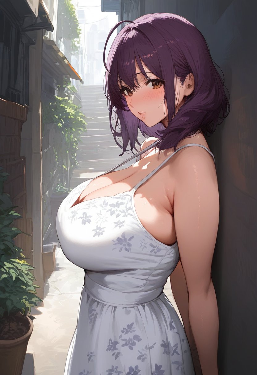 score_9, score_8_up, score_7_up, score_6_up, source_anime, <lora:GEN 0.1v:0.9>, GEN,1girl, solo, long hair, mature female, dress, floral print, white dress, ahoge, sleeveless dress, looking at viewer, sleeveless, cleavage, parted lips, brown eyes, purple hair, sunlight, outdoors, bangs, bare shoulders, medium hair, blush, stairs, bare arms, cowboy shot, large breasts, alley, standing, sundress, from side, wide shot, zooming out, against wall, leaning back, plants, alley