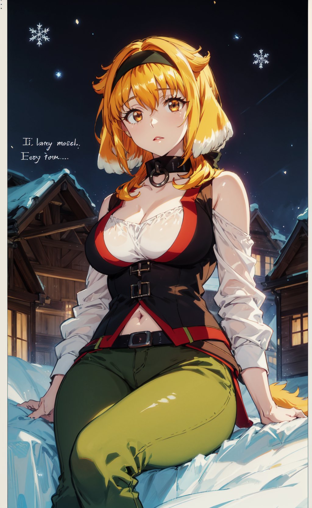 <lora:Roxane-000010:0.8>,Roxane CYQL,1girl,solo,looking at viewer,dog girl,blonde hair,orange hair,short hair,hairband,black hairband,hair between eyes,dog ears,animal ears,floppy ears,brown eyes,collar,black collar,large breasts,tail,dog tail,bare shoulders,cleavage,shirt,vest,green vest,detached sleeves,belt,pants,green pants,(crazy_smile:1.2),beautiful face,beautiful eyes,glossy skin,shiny skin,(full_shot,from_below,sitting:1.2),hand on hip,Winter garden, Snow-covered landscape, Frosty blooms, Snowflakes, Winter wonderland, English charm,narcissu,beautiful detailed sky,beautiful detailed glow,(English text:1.3),(border:1.5),posing in front of a colorful and dynamic background,(masterpiece, best quality, beautiful and aesthetic:1.3),contrapposto,female focus,fine fabric emphasis,wallpaper,fashion,Lipstick,depth of field,intricate_detail,finely_detailed,fine_fabric_emphasis,(glossy),<lora:增强减少细节add_detail:0.4>,