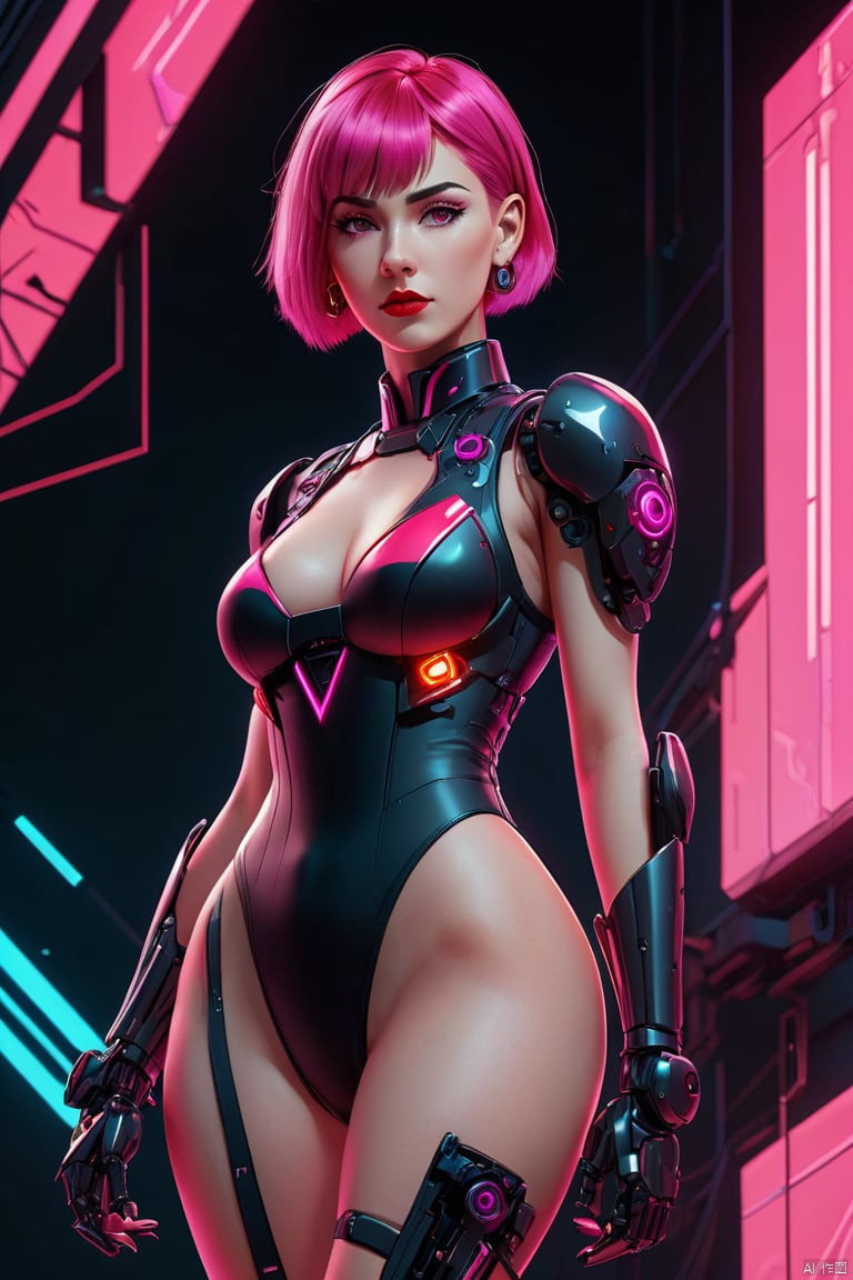 Anime Artwork Lucy (Cyberpunk),  Pink Short Hair,  Pink Eyes,  Red Lips,  (Front),  (Full Body),  Bodysuit,  Punk Stud Earrings,  Bossy,  Brave,  Key Visual,  Vibrant,  High Detail,  Illustration,  Short Straight Hair,  Futurism,  NFT Art,  Solid Color Background,  Robotic Arm,  Cartoon Coloring,  Tendal Effect. Non-Realistic Rendering Transparency,  Color Tilt,  Animation,  Blender Geometry Art,  Intrlligence 4k Image,  Epic,  Cinematic Effects,  Neon Cold Pounding,  Octane Rendering,  OC,  8k