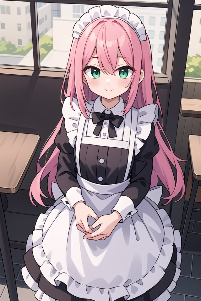 insanely detailed, absurdres, ultra-highres, ultra-detailed, best quality,1girl, solo, nice hands, perfect handsBREAK(cleavage:-1.5),(classical maid:1.2),apron, blush, bow, bowtie, frilled apron, frills, long sleeves, maid, maid apron, maid headdress, waist apron, white apron,(maid costume, maid hair dress:1.3), long skirtBREAKhappy smile, laugh, closed mouthBREAKfrom above,standing, cowboy shot, looking at viewerBREAKslender, kawaii, perfect symmetrical face, ultra cute girl, ultra cute face, ultra detailed eyes, ultra detailed hair, ultra cute, ultra beautifulBREAKin coffee shop, indoors, depth of field, ultra detailed backgroundBREAKmedium breastsBREAK(pink hair, dark green eyes), long hair, hair between eyes