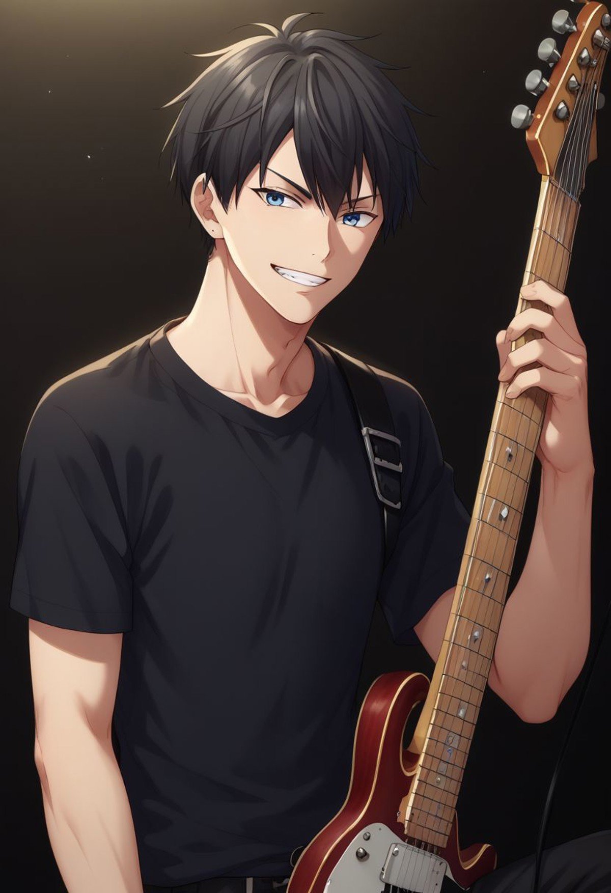 score_9, score_8_up, score_7_up, source_anime, highly detailed, skinny, short neck,ueno, male focus, 1boy, instrument, guitar, solo, plectrum, black hair, blue eyes, pants, music, shirt, microphone stand, electric guitar, playing instrument, black shirt, grin, upper body,indoor,