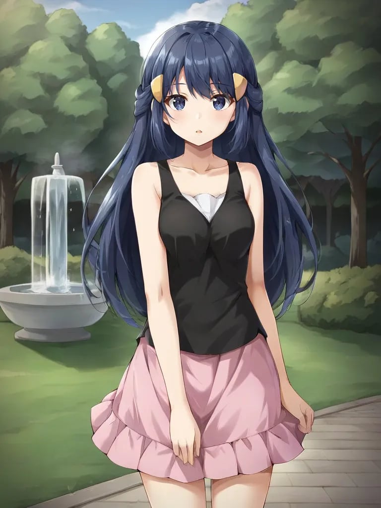 <lora:DPDawnHikariTsukishiroV3:0.7>1girl, solo, hidawnkari, blue hair, long hair, blue eyes, hair ornament, hairclip, black shirt, collarbone, sleeveless, pink skirt, miniskirt, outdoors, park, fountain, parted lips, standing, cowboy shot, looking at viewer