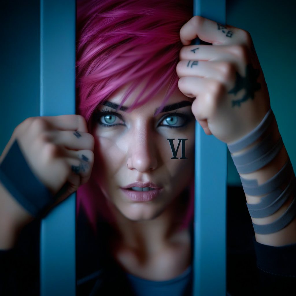 a woman, full body, pink hair, in jail behind bars (((text ''VI'')))  <lora:Vi1024-V2:0.8>