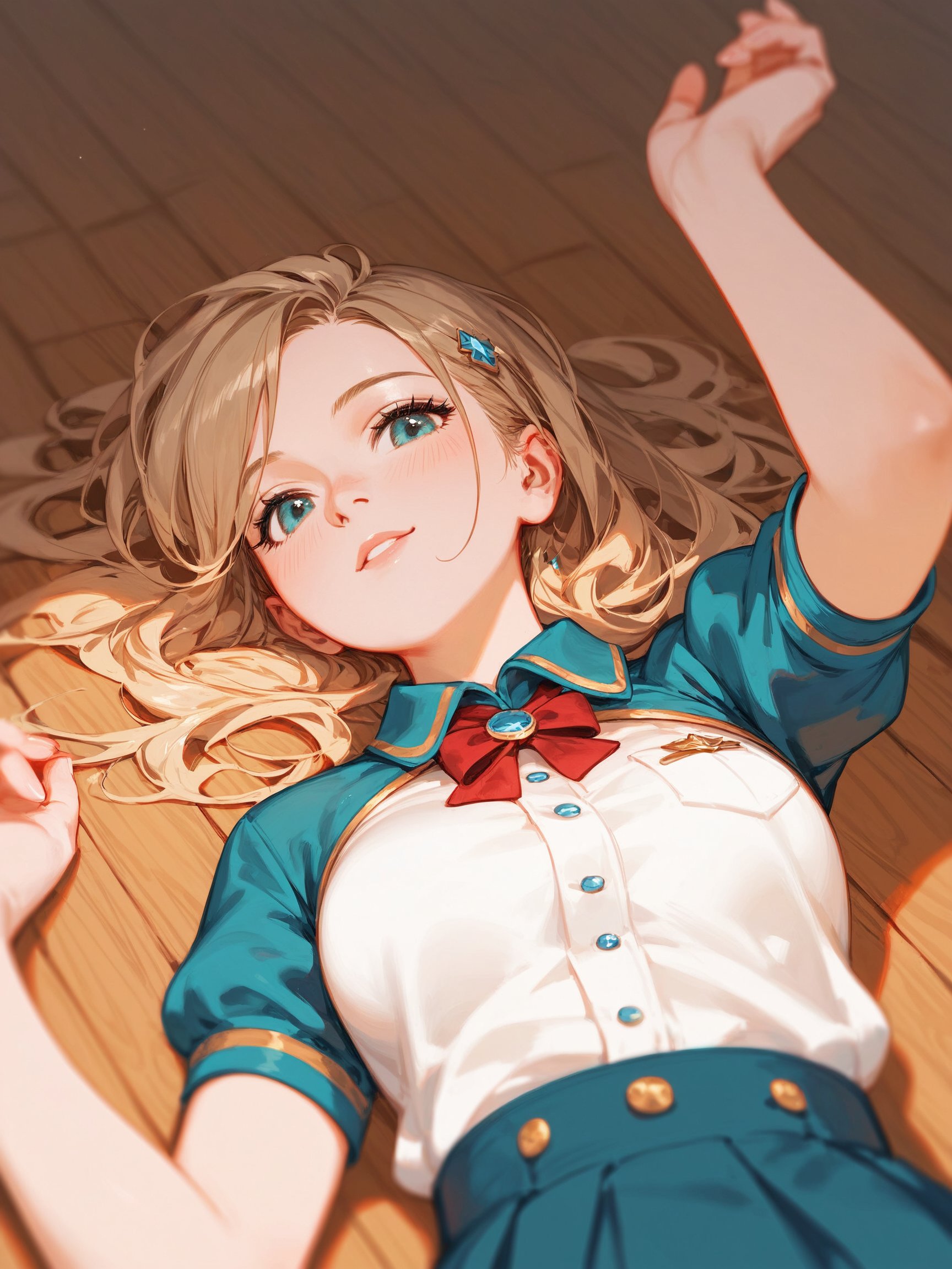 score_9, score_8_up, score_7_up, masterpiece, best quality, portrait photo of a  girl, rested her chin on her hand, cheer leader, wood floor, (lying aside on the floor, posing to viewer), (low angle/from below), <lora:ponyRealistic_v1-rev3_rank16:-0.5>