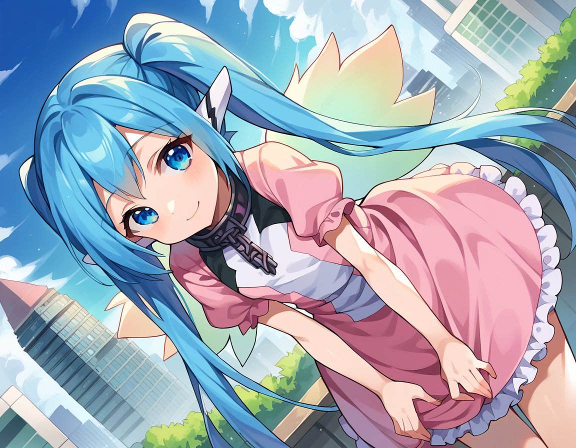 score_9, score_8_up, score_7_up, source_anime,otoshimononymph, <lora:otoshimono-nymph-ponyxl-lora-nochekaiser:1>,nymph, blue eyes, blue hair, long hair, long twintails, robot ears, twintails, two side up, wings,dress, pink dress, frilled dress, short sleeves,outdoors, cityscape, smile, bent over,looking at viewer, cowboy shot, dutch angle, solo,