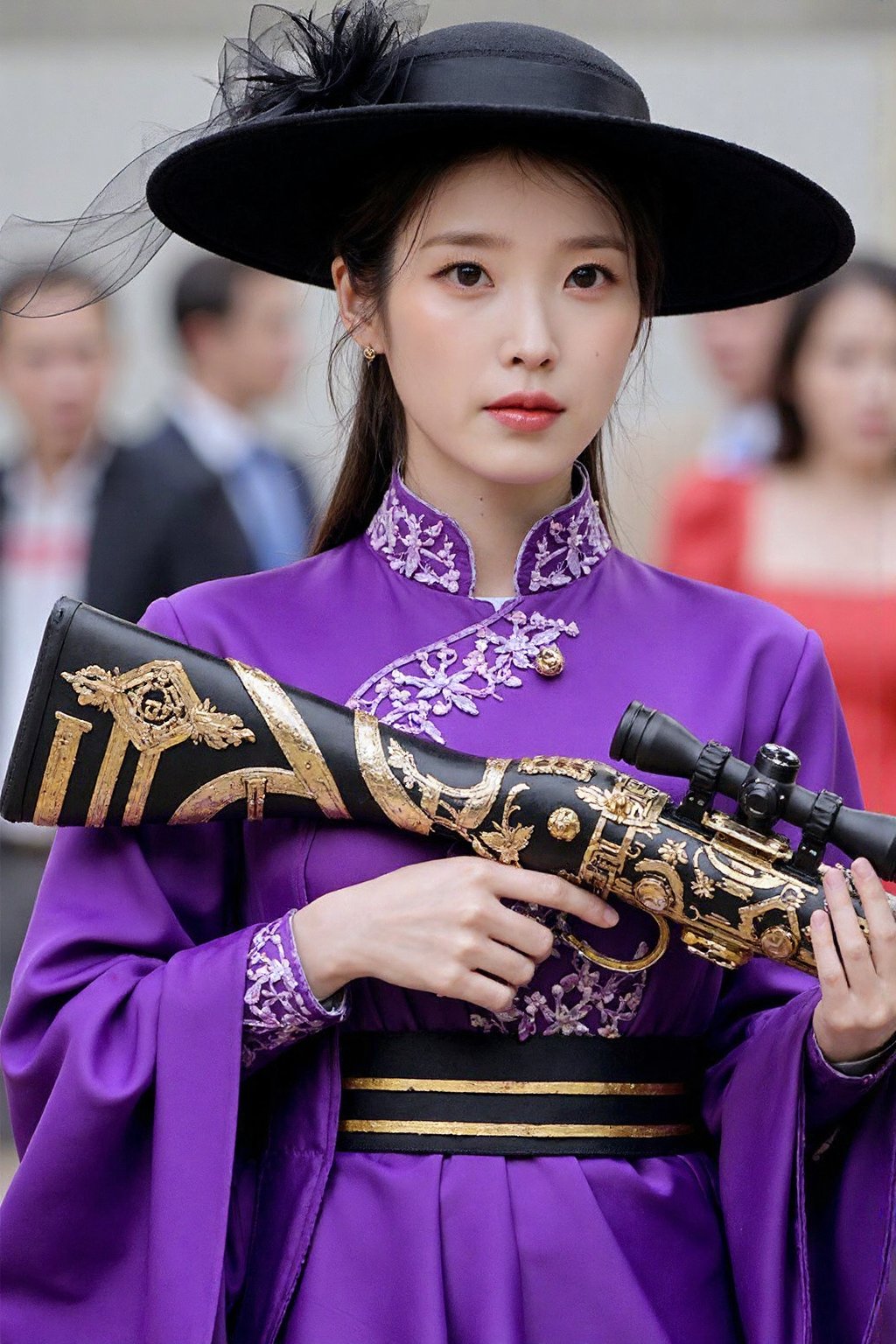 (medium full shot), beautiful young korean girl, a woman dressed in a striking and elegant outfit. She is wearing a vivid purple, high-necked dress with detailed embroidery, and a large black hat adorned with a decorative veil. The woman has a calm yet intense expression and is holding an intricately designed rifle, which features gold and black accents, aimed forward with precision, background is slightly blurred, with people watching in the distance,, <lora:flux_realism_lora:1>,  <lora:makinaflux_iu_v1.0:1>