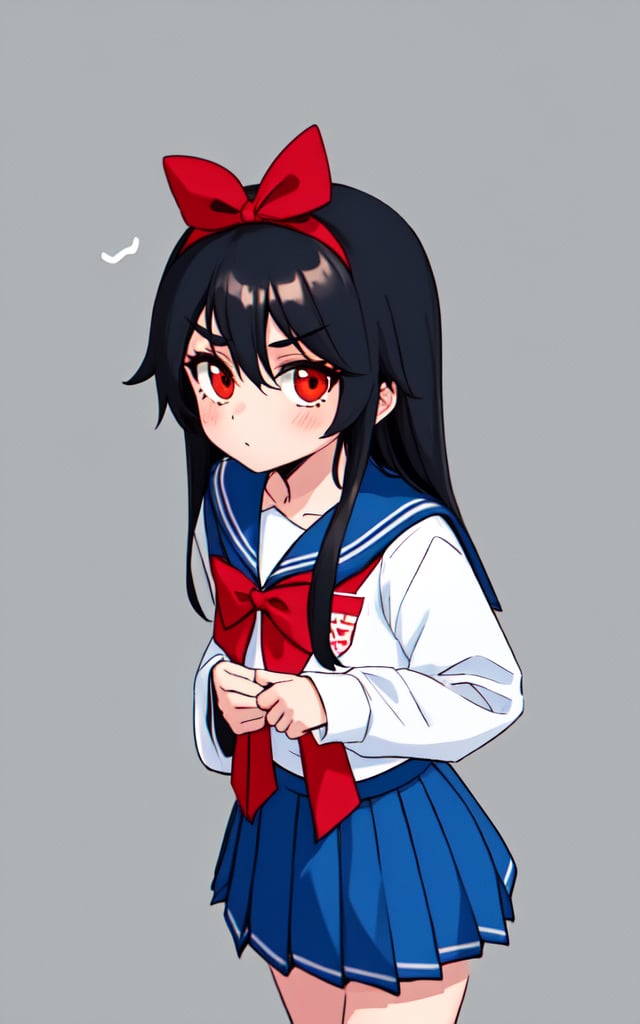 1girl,solo,black hair,long hair,bangs,hair between eyes,eyebrows visible through hair,looking at viewer,white shirt,serafuku,red bow,red bowtie,blue sailor collar,sailor collar,bowtie,long sleeves,blue skirt,pleated skirt,simple backgroundbest quality,amazing quality,very aesthetic,absurdres,