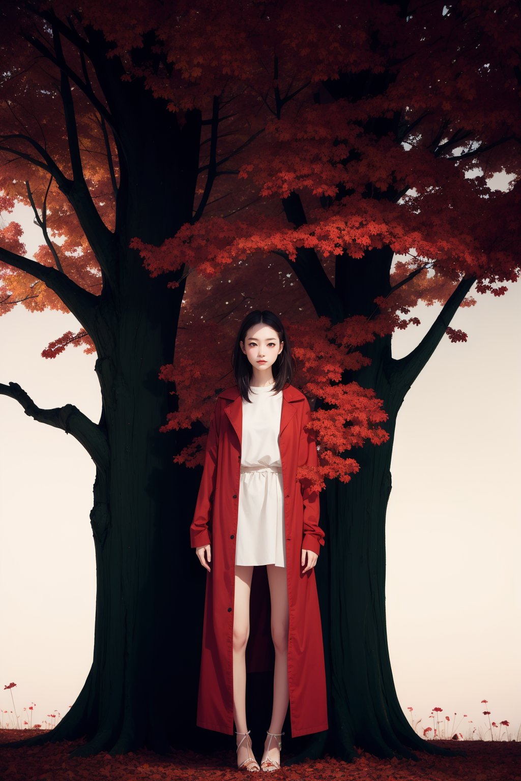 a girl standing under the dead tree,black and red palette,eerie,pale skin,