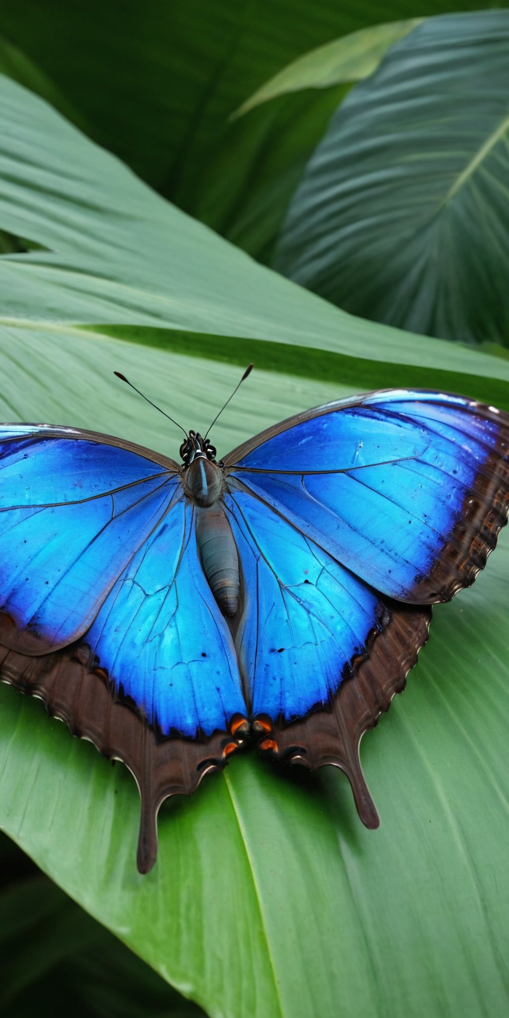 Blue Morpho butterfly, resting, tropical forest, daylight, natural sunlight, no artist, realistic, photography, highly detailed, vibrant colors, Sony camera, 4K, ultra-high-definition, crisp focus,<lora:HMSG微距蝴蝶XL-000010:1>,