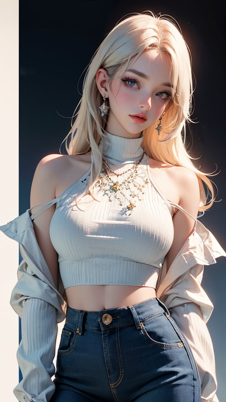 1girl, solo, long hair, breasts, looking at viewer, bangs, blue eyes, shirt, long sleeves, navel, bare shoulders, jewelry, big breasts, standing, white hair, cowboy shot, earrings, parted lips, sleeveless, midriff, pants, necklace, off shoulder, star \(symbol\), lips, crop top, see-through, parted bangs, sleeveless shirt, night, turtleneck, star \(sky\), white pants, high-waist pants, sparkle core, RAW photo, (masterpiece:1.3), subsurface scattering, heavy shadow, (high quality:1.4), (intricate, high detail:1.2), professional photography, HDR, High Dynamic Range, realistic, ultra realistic, photorealistic, high resolution, film photography, DSLR, 8k uhd, Fujifilm XT3