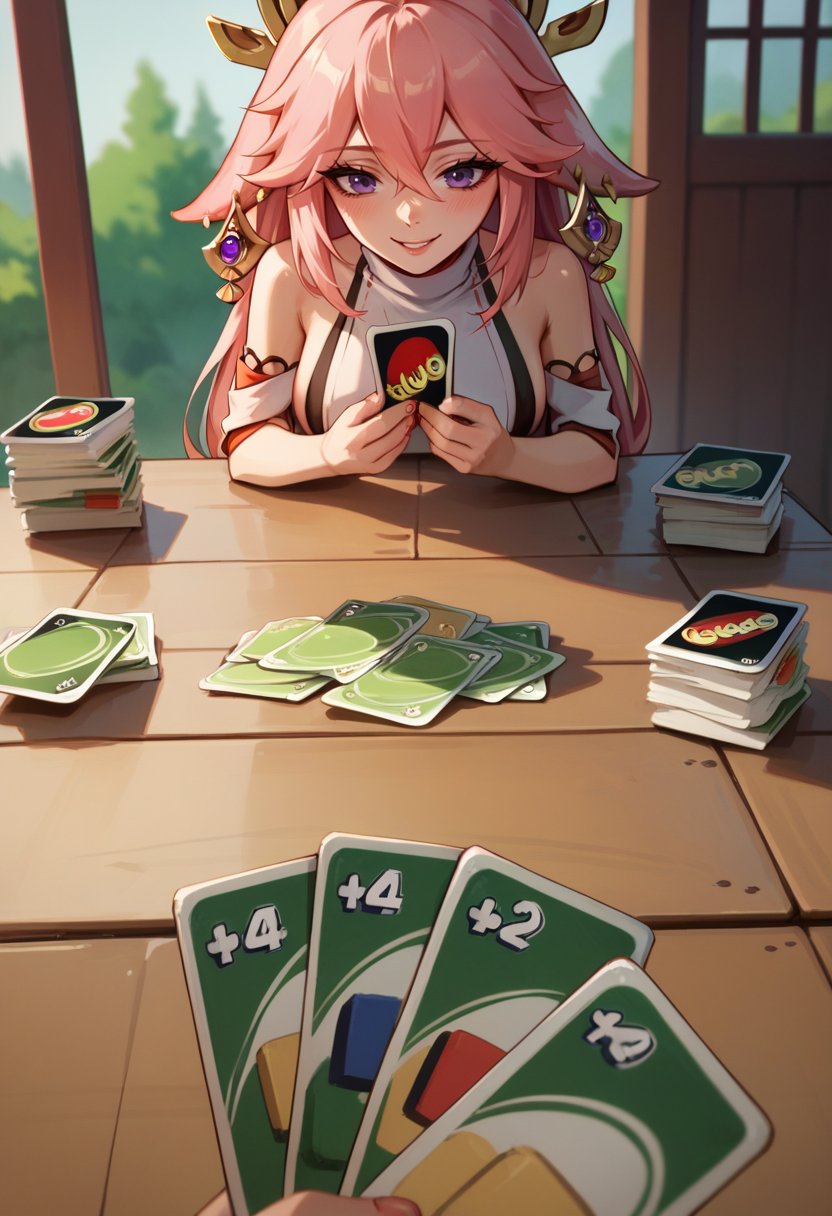 score_9, score_8_up, score_7_up, holding card, pov, playing card, table, smile, <lora:ImminentUnoLossMeme_pdxl_Incrs_v1:1>, yae miko, 