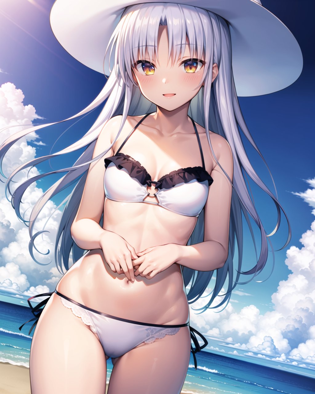 ((masterpiece)), ((best quality)), ((highres)), ((extremely detailed CG unity 8k wallpaper)), solo, <lora:tachibana kanade:1>, tachibana kanade, white bikini, frilled bikini, sun hat, beach, curtained hair, parted hair, silver hair, blush, smile