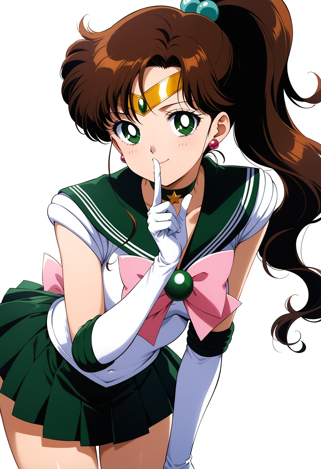 (masterpiece, best quality, very aesthetic, ultra detailed), intricate details, 4k, aajupiter, long hair, brown hair, ponytail, hair bobbles, tiara, earrings, green eyes, green choker, green sailor collar, pink bowtie, white shirt, elbow gloves, white gloves, green skirt, pleated skirt, bare legs, <lora:sailor_jupiter_animaginexl_v2:0.9>, smile, shushing, leaning forward, upper body, finger to mouth, simple background