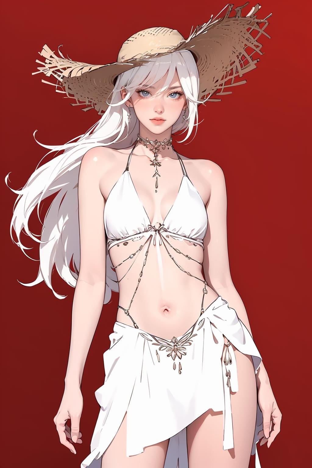 (masterpiece, best quality,masterpiece,illustration,),red background,very long hair,white hair,solo,cowboy shot,<lora:whiteswimsuit:0.8>,whiteswimsuit,skirt,sun hat,