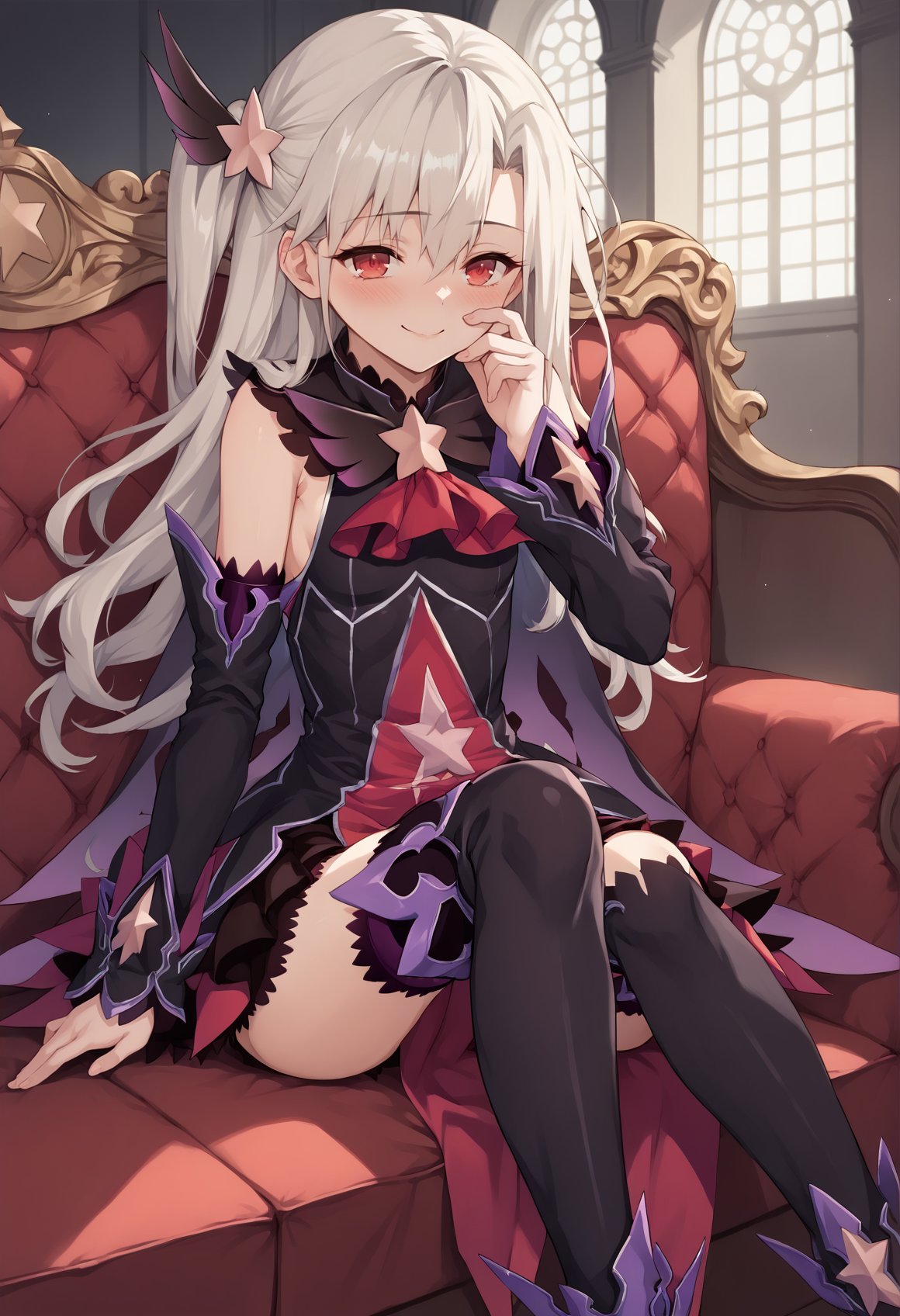 1girl, white hair, red eyes, long hair, side ponytail, hair ornament, black dress, magical girl, corruption, detached sleeves, black thigh Boots, sitting, indoors, couch, seductive smile, blushing, head on knee, mansion  <lora:Illya_IQ2:1>, score_9, score_8_up, score_7_up, score_6_up, score_5_up, score_4_up, BREAK source_anime, masterpiece