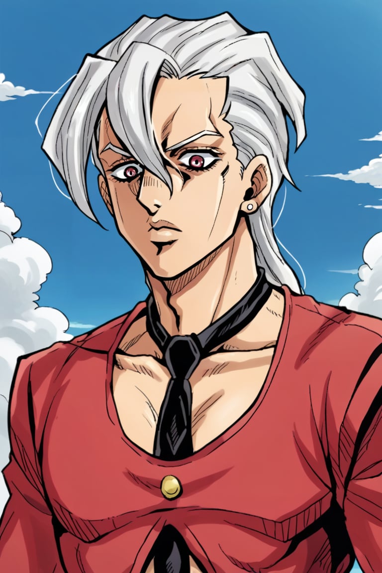 1boy, score_9_up, score_8_up, mangafugo, solo, upper body, white hair, male focus, earrings, sky, day, cloud, blue sky, formal, cloudy sky, black necktie, redfugojacket<lora:EMS-352624-EMS:0.900000>