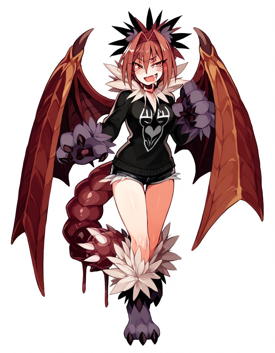 score_9, score_8_up, score_7_up, score_6_up, (masterpiece), 1girl, MGE artstyle, monster girl, manticore, one tail, clear and distinct features, standing, leaning forwards, animal ears, animal arms, animal legs, jacket, t-shirt, shorts, red hair, black highlights, black fur, mane, (thighhigh fur), smiling, mouth open, fang, drooling, saliva strands, saliva trail, tongue out, expressive eyes, consistent features, leathery wings, back wings, dripping liquid, clear features, white background, human male, dominant monster girl, medium breasts, BREAK, prehensile tail, ((manticore tail)), (open tail tip), (fleshy tail interior), BREAK, <lora:948f36f2-102f-4f57-ba44-2b4859034f0e:1.4>