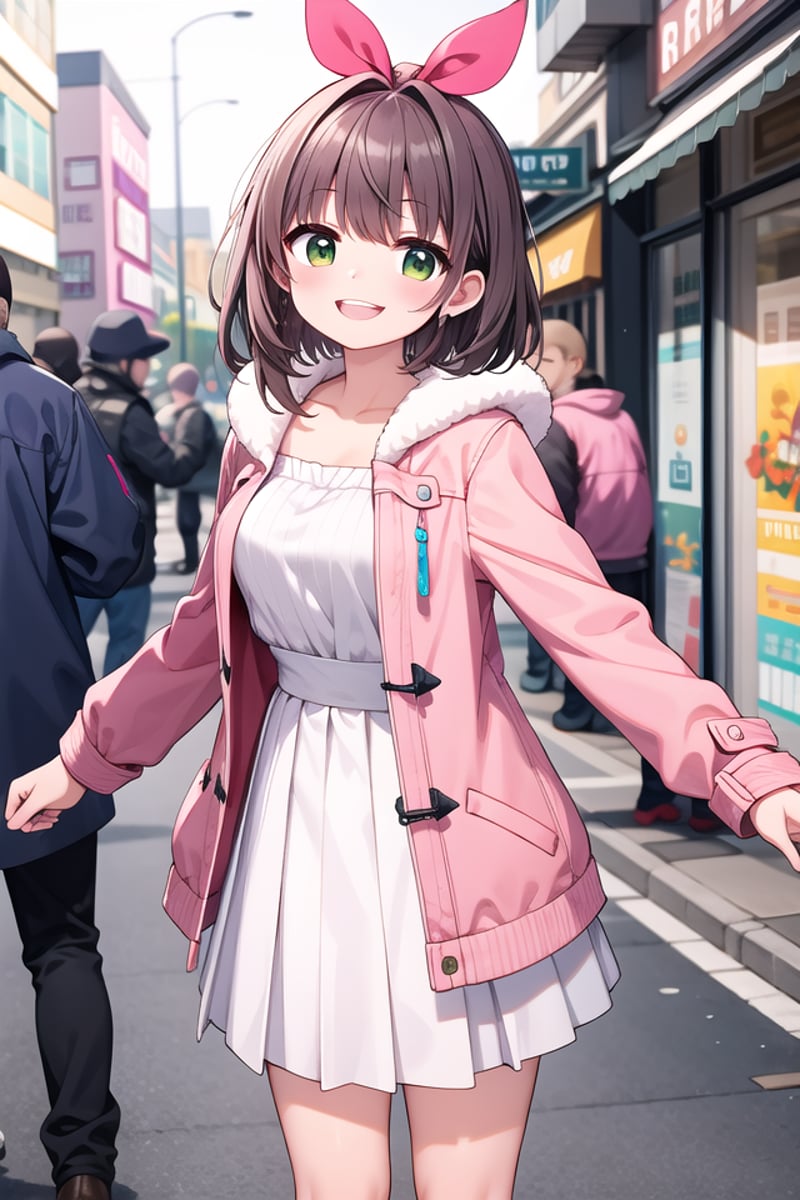 <lora:talkmouth_I_type2_v100:1>insanely detailed, absurdres, ultra-highres, ultra-detailed, best quality,1girl, solo, nice hands, perfect handsBREAK(pink and white theme:1.4), (Wearing a (long sleeve pink coat with fur color) over a white high neck blouse:1.4), (fur cuffs:1.3), (double pillar button:1.3), (pocketless:1.4), (plain ivory-white pantyhose:1.4), (pink heeled boots with lace-up:1.2)    BREAK    (wine-red pleated skirt:1.3)    BREAK    (naked skin:-1), (See-through:-1), (pocket:-1), (black pantyhose:-1), (wine:-1), (red coat:-1), (white coat:-1), (red tops:-1), (white skirt:-1), (pink skirt:-1), (black skirt:-1), (text on clothes:-1), ((mark, logo, pattern) on pantyhose:-1), (tone pantyhose:-1), (bare shoulders:-1)BREAK(nsfw:-1.5)BREAKsmile, open mouthBREAK,standing, cowboy shot, looking at viewerBREAKslender, kawaii, perfect symmetrical face, ultra cute girl, ultra cute face, ultra detailed eyes, ultra detailed hair, ultra cute, ultra beautifulBREAKin street, cityscape in harajuku, depth of field, ultra detailed backgroundBREAKlarge breastsBREAKorange hair, green eyes, spiked hair, 