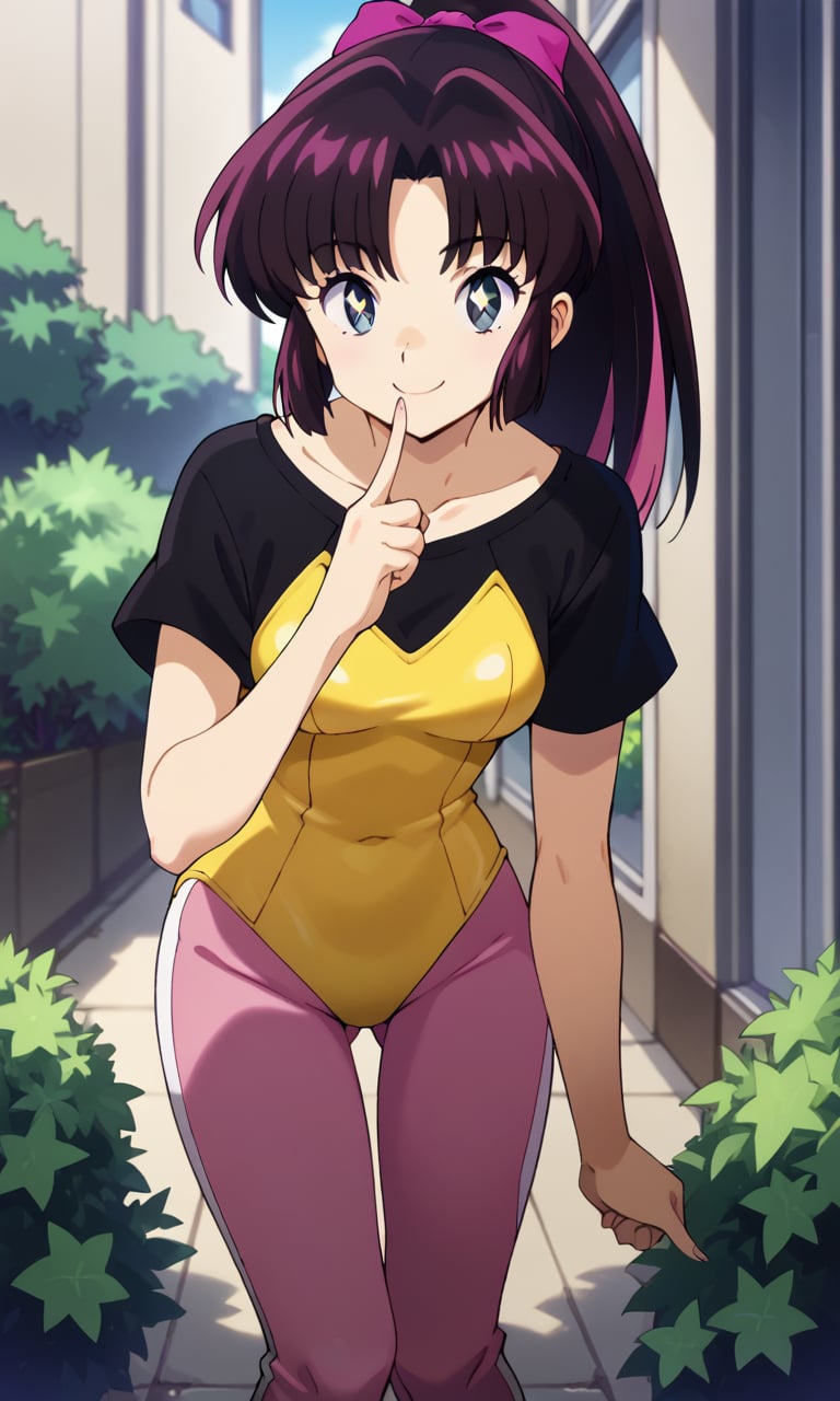 score_9, score_8_up, score_7_up,  <lora:asuka_mizunokoji:1>,urusei_asukaxl, blue eyes, symbol-shaped pupils,star \(symbol\), long hair, purple hair, black hair, two-tone hair,  ponytail, yellow leotard, pink yoga pants, pink hair ribborn, leotard over clothes, black shirt, short sleeves, retroart style, 1980s \(style\), , leaning forward, looking at viewer, smile, pointing at viewer, index finger raised, outdoors, garden, cowboy shot