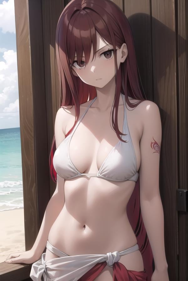 erzascarlet, <lora:erza scarlet v2-lora-nochekaiser:1>,erza scarlet, long hair, (red hair:1.5), hair between eyes, (brown eyes:1.7),BREAK navel, swimsuit, bikini, tattoo, white bikini, (sarong:1.5),BREAK outdoors, beach,BREAK looking at viewer,BREAK <lyco:GoodHands-beta2:1>, (masterpiece:1.2), best quality, high resolution, unity 8k wallpaper, (illustration:0.8), (beautiful detailed eyes:1.6), extremely detailed face, perfect lighting, extremely detailed CG, (perfect hands, perfect anatomy),