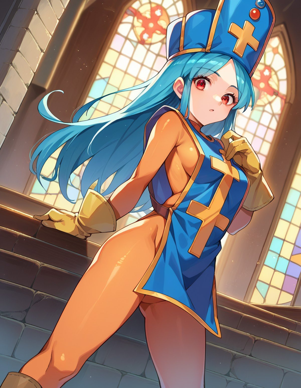 score_9, score_8_up, score_7_up, source_anime,dqpriest, <lora:dq-priest-ponyxl-lora-nochekaiser:1>,priest, aqua hair, blue hair, long hair, red eyes,bodysuit, boots, cross, gloves, hat, mitre, orange bodysuit, tabard,indoors, church,looking at viewer, dutch angle, cowboy shot,