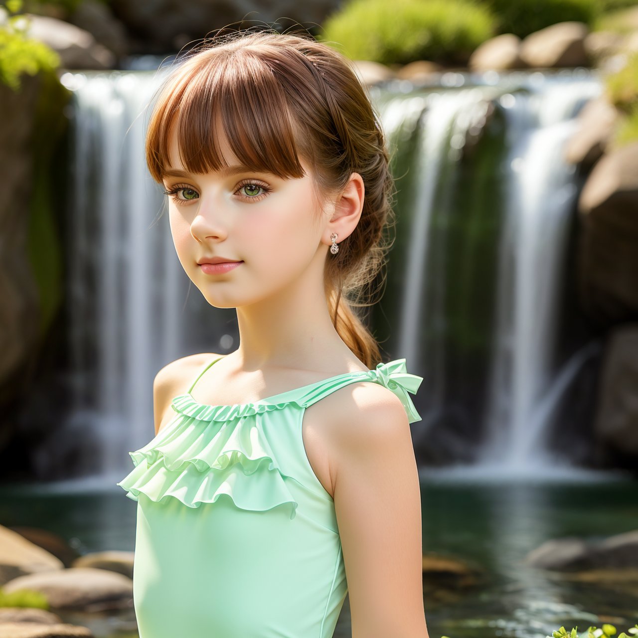 best quality, extra resolution, wallpaper, HD quality, HD, HQ, 4K, looking at viewer, full body portrait of calm (AIDA_LoRA_KtM:1.12) <lora:AIDA_LoRA_KtM:0.9> in a pale green swimsuit in a garden in front of a waterfall, sunlight, outdoors, little girl, pretty face, self-assurance, cinematic, dramatic, insane level of details, studio photo, studio photo, kkw-ph1, hdr, f1.7, (colorful:1.1)