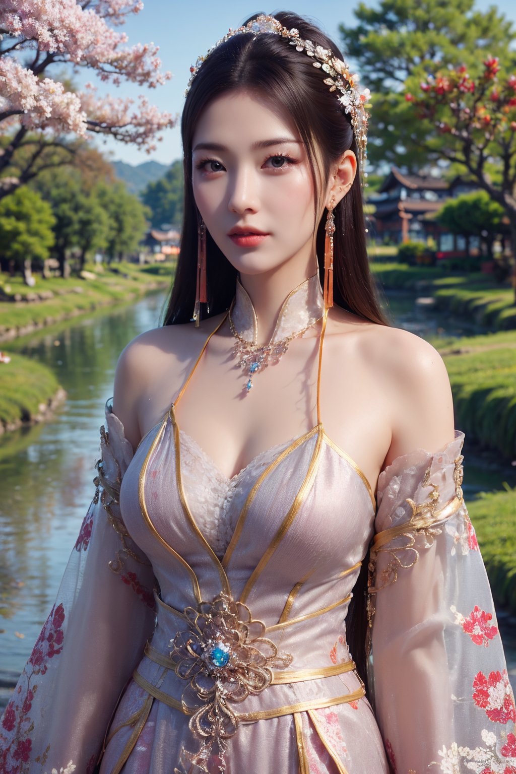 CAFC,1girl,solo,long hair,earrings,jewelry,hair accessories,upper body,suburban scenery,east asian,chinese style architecture,