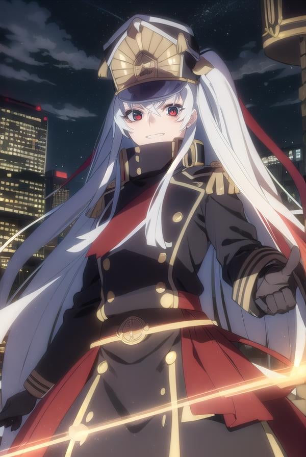 recreatorsaltair, <lora:recreators altair s1-lora-nochekaiser:1>, altair, long hair, (red eyes:1.3), very long hair, white hair, smile, grin,BREAK gloves, hat, uniform, military, military uniform, shako cap,BREAK outdoor, city, night, sky, buildings, moon, clouds,BREAK looking at viewer, (cowboy shot:1.5),BREAK <lyco:GoodHands-beta2:1>, (masterpiece:1.2), best quality, high resolution, unity 8k wallpaper, (illustration:0.8), (beautiful detailed eyes:1.6), extremely detailed face, perfect lighting, extremely detailed CG, (perfect hands, perfect anatomy),